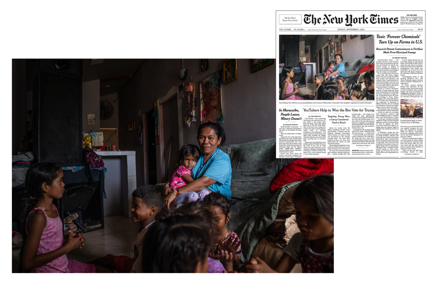 Irma Palmar, de 52 años, con sus siete nietos en su casa en Maracaibo, Venezuela. Su hija emigró a Colombia. Marian Carrasquero para The New York Times.