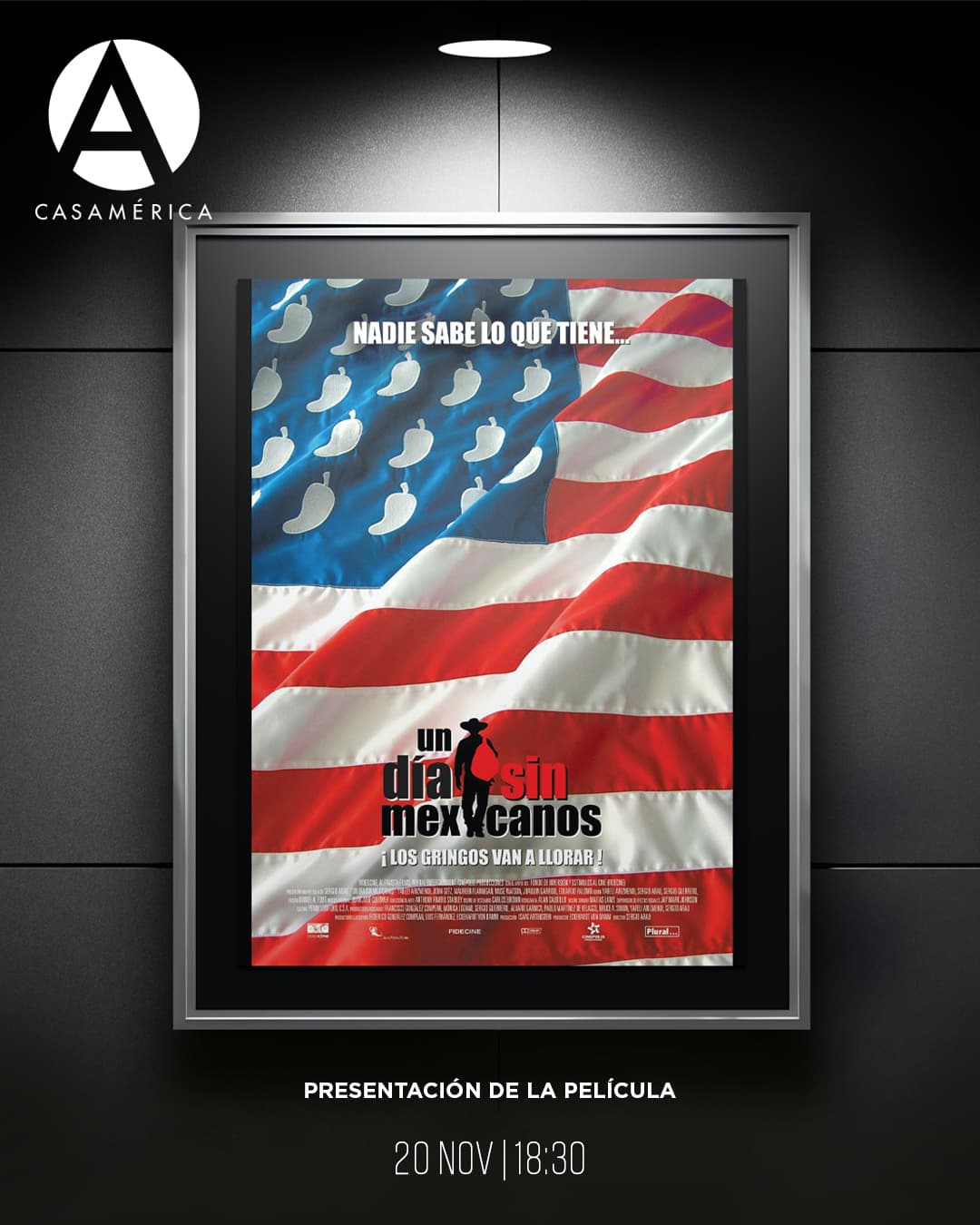 🎬 Proyección de ‘Un día sin mexicanos’ con motivo del 20.º aniversario de su estreno.
La película plantea una premisa directa: la desaparición repentina de la población mexicana en California y las consecuencias que esto genera en la sociedad.

👥 Coloquio tras la proyección: Sergio Guerrero y Santiago Tabernero.

📅 Jueves 20 de noviembre.
⌚️ 18:30.
📍 Sala Iberia | acceso por Plaza de Cibeles, s/n.
🎟️ Entrada libre hasta completar aforo.
🔗 Más información en nuestra web, enlace en la biografía.

#Cine #Iberoamérica #UnDíaSinMexicanos #Migración #CulturaEnMadrid #CasaDeAmérica