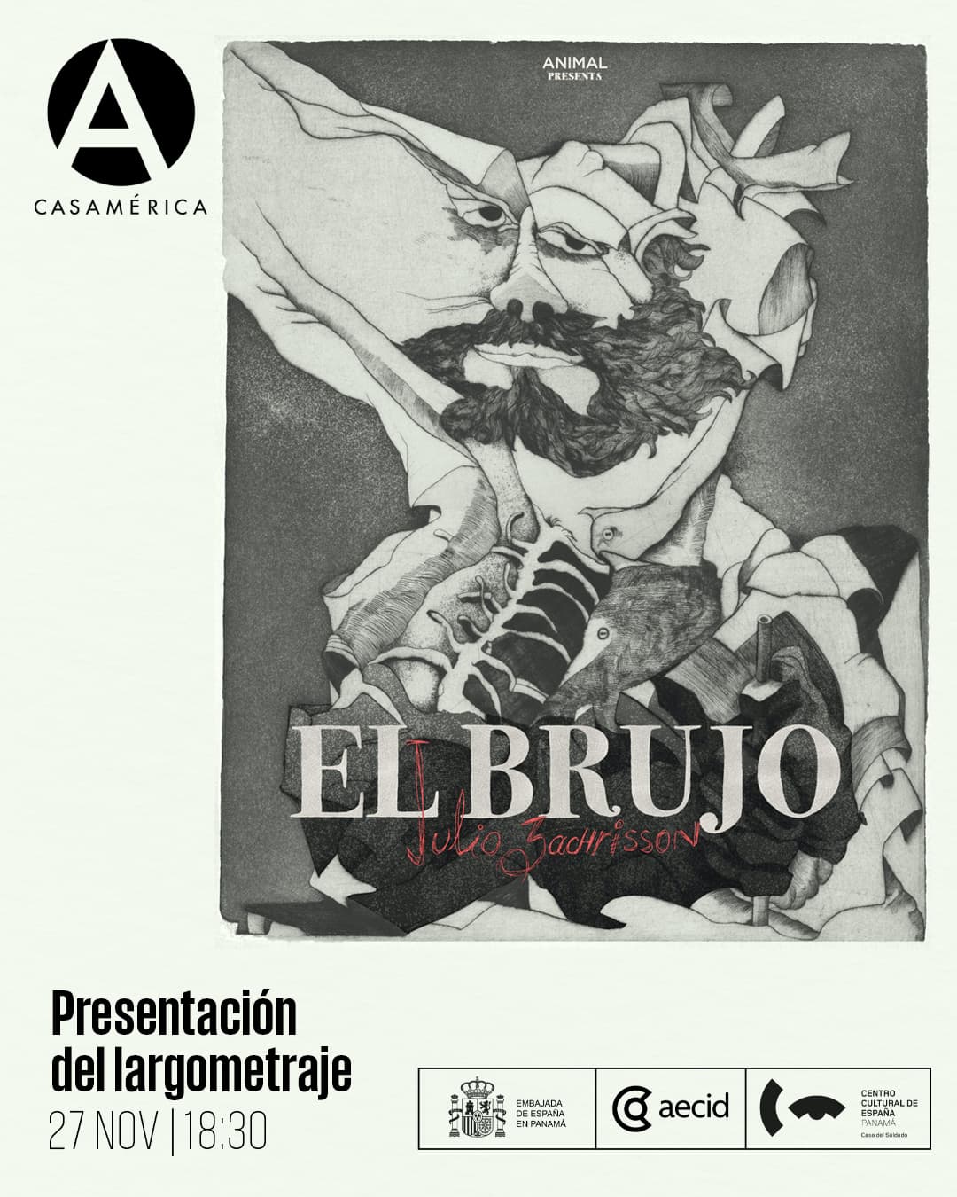 🎬 𝐏𝐫𝐨𝐲𝐞𝐜𝐜𝐢𝐨́𝐧 𝐝𝐞 ‘𝐄𝐥 𝐁𝐫𝐮𝐣𝐨, 𝐉𝐮𝐥𝐢𝐨 𝐙𝐚𝐜𝐡𝐫𝐢𝐬𝐬𝐨𝐧’.

Largometraje documental dirigido por Félix Guardia que reconstruye la trayectoria y el pensamiento del artista panameño Julio Zachrisson (1927–2021). A partir de un proceso de acompañamiento de varios años, la película explora su universo creativo y el diálogo intergeneracional que surge entre cineasta y grabador.

El proyecto, seleccionado por el Fondo Cine Panamá, incorpora entrevistas inéditas y material de archivo para abordar la relación entre memoria, identidad y práctica artística.

👥 Presentación y coloquio con Félix Guardia y Tomás Cortés. Modera: Irina Raffo.

📅 Jueves 27 de noviembre.
⌚ 18:30.
📍 Sala Iberia (Plaza de Cibeles, s/n).
🎟️ Entrada libre hasta completar aforo.

🤝 Con el Centro Cultural de España en Panamá (@ccecasadelsoldado).
🔗 Más información en nuestra web, enlace en la biografía.