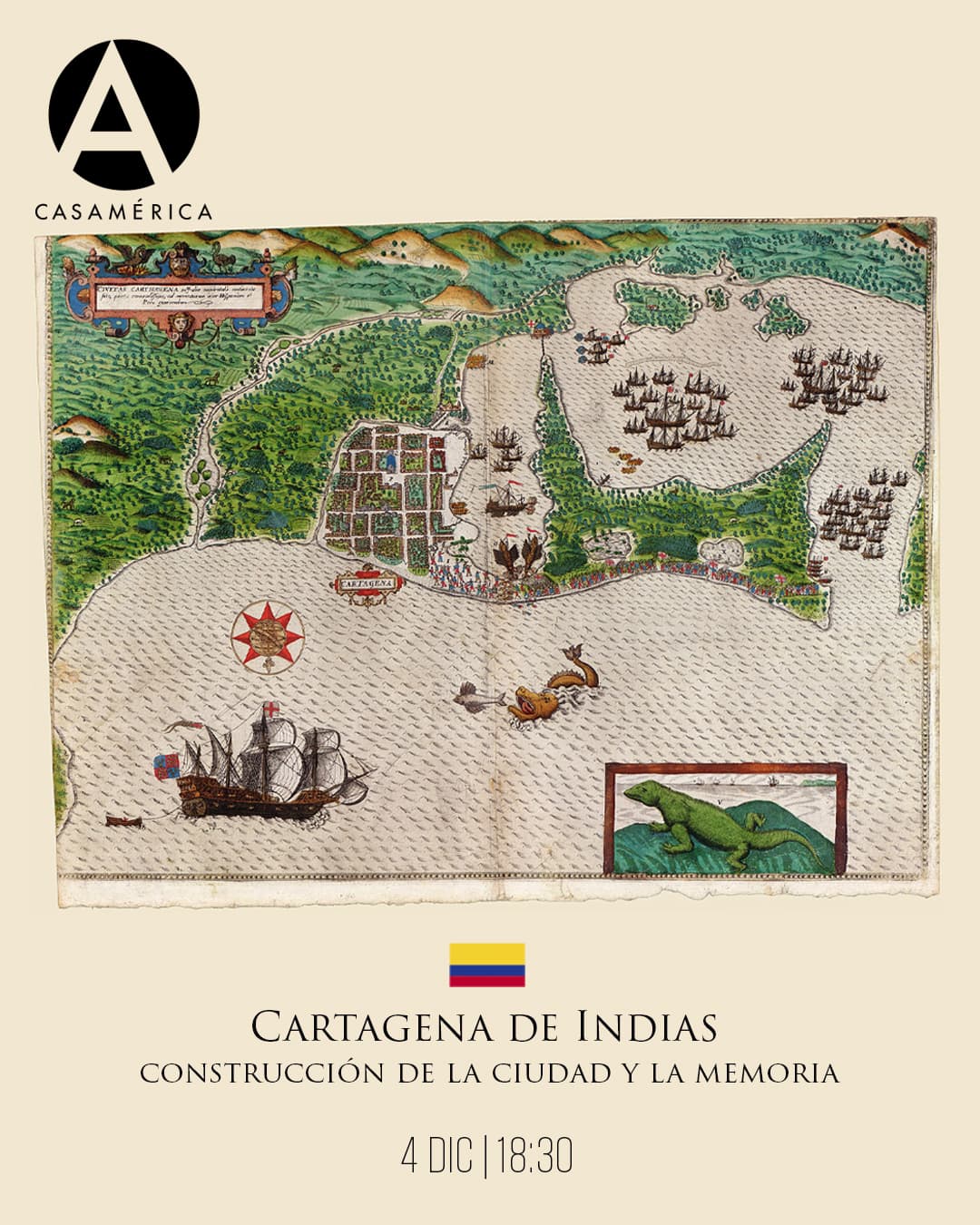 📚 𝐂𝐚𝐫𝐭𝐚𝐠𝐞𝐧𝐚 𝐝𝐞 𝐈𝐧𝐝𝐢𝐚𝐬: 𝐜𝐨𝐧𝐬𝐭𝐫𝐮𝐜𝐜𝐢ó𝐧 𝐝𝐞 𝐥𝐚 𝐜𝐢𝐮𝐝𝐚𝐝 𝐲 𝐥𝐚 𝐦𝐞𝐦𝐨𝐫𝐢𝐚.

Un recorrido por la arquitectura, la historia y las transformaciones urbanas de Cartagena de Indias, una ciudad donde cada muro y cada calle guardan siglos de encuentros, resistencias y mestizajes.

Una mirada a su patrimonio como tejido de memorias colectivas, desde las fortificaciones coloniales hasta los desafíos contemporáneos de conservación, turismo y sostenibilidad.

👥 Con Moisés Álvarez.

📅 Jueves 4 de diciembre.
⌚ 18:30.
📍 Sala Simón Bolívar, Casa de América.
🎟 Entrada libre hasta completar aforo.

🔗 Más información en nuestra web, enlace en la biografía.