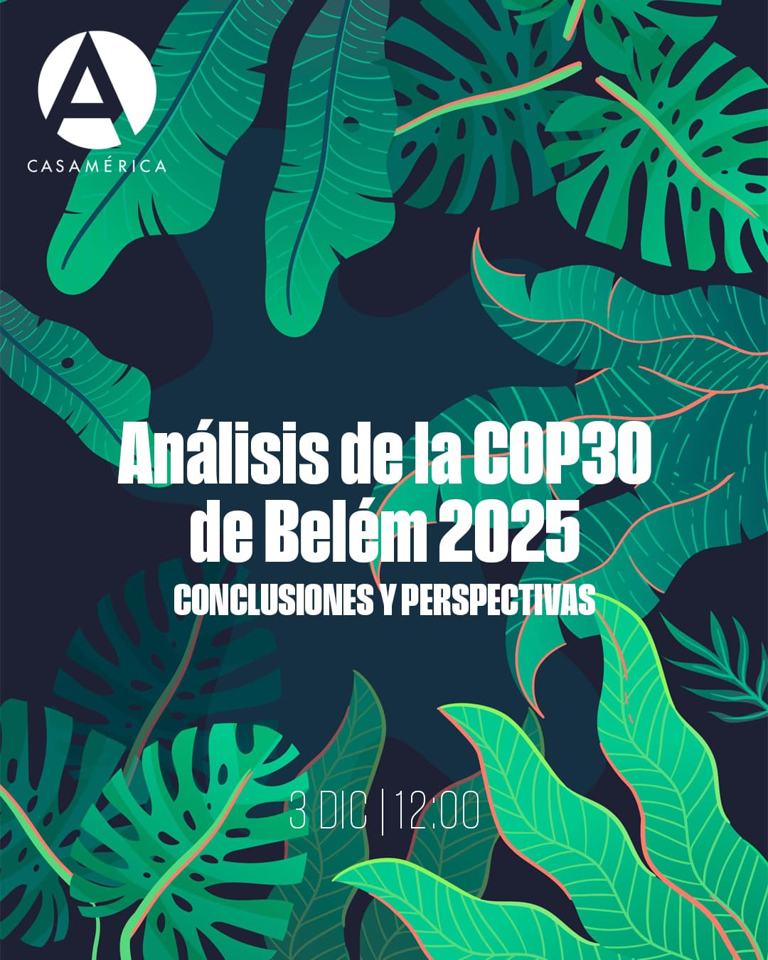 🌍 ‘𝐀𝐧𝐚́𝐥𝐢𝐬𝐢𝐬 𝐝𝐞 𝐥𝐚 𝐂𝐎𝐏𝟑𝟎 𝐝𝐞 𝐁𝐞𝐥𝐞́𝐦 𝟐𝟎𝟐𝟓’.
Un diálogo sobre las conclusiones de la COP30, la implementación del Balance Global del Acuerdo de París y las perspectivas para Europa, Iberoamérica y el resto del mundo. También se abordarán las oportunidades de cooperación en transición energética, financiamiento climático, justicia ambiental, participación social y protección de la Amazonía.

👥 Con Miguel Sebastián, Laura Fernández Cavas y Lorena Larios. Modera: Eva Rodríguez (@evarodnieto).
🤝 Con @segibdigital y @telefonica.

📅 3/12.
⌚ 12:00.
📍 Sala Bolívar.
🎟️ Entrada libre hasta completar aforo.
🔗 Más información en nuestra web, enlace en la biografía.

#CasaDeAmérica #Iberoamérica #COP30 #CambioClimático #Sostenibilidad #MedioAmbiente