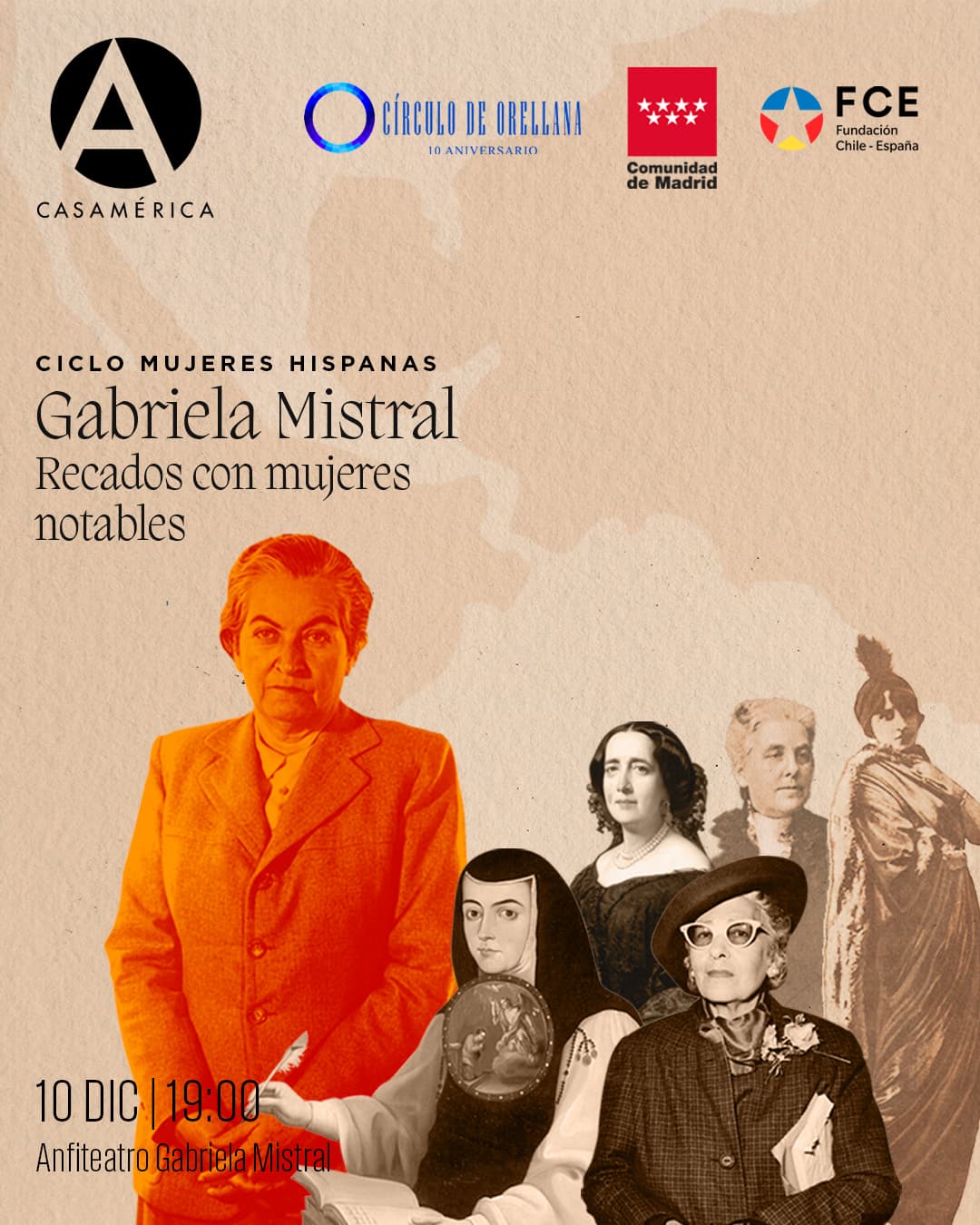 ♀🎤 ‘𝐆𝐚𝐛𝐫𝐢𝐞𝐥𝐚 𝐌𝐢𝐬𝐭𝐫𝐚𝐥: 𝐫𝐞𝐜𝐚𝐝𝐨𝐬 𝐜𝐨𝐧 𝐦𝐮𝐣𝐞𝐫𝐞𝐬 𝐧𝐨𝐭𝐚𝐛𝐥𝐞𝐬’.
Conferencia a cargo de Diego del Pozo dentro del ciclo ‘Mujeres hispanas: creadoras de la Historia y la Cultura en español’. La sesión aborda la trayectoria intelectual, diplomática y literaria de Gabriela Mistral y sus vínculos con figuras destacadas de su época. Tras la conferencia, tendrá lugar un tributo musical con obras contemporáneas inspiradas en su palabra.

👥 Con Diego del Pozo, @leticiaedlm, María Ángeles Osorio y Javier Velasco.
🤝 Con @circuloorellana, @madrid y @fundacionchileespana.

📅 10/12. ⌚ 19:00.
📍 Anfiteatro Gabriela Mistral.
🎟️ Entrada con inscripción.
📡 Se podrá seguir en directo desde nuestro YouTube.
🔗 Más información en nuestra web, enlace en la biografía.

#GabrielaMistral #MujeresHispanas #Literatura #CulturaEnEspañol #CasaDeAmérica