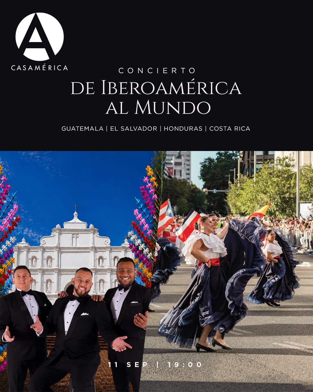 🇬🇹🇸🇻🇭🇳🇨🇷 Cuatro países, una historia compartida y un escenario para celebrarla.

El concierto ‘𝐃𝐞 𝐈𝐛𝐞𝐫𝐨𝐚𝐦𝐞́𝐫𝐢𝐜𝐚 𝐚𝐥 𝐦𝐮𝐧𝐝𝐨’ conmemora la Independencia de Centroamérica con un recorrido por la música, el canto y la danza de Guatemala, El Salvador, Honduras y Costa Rica.

El trío pop lírico salvadoreño OPUS 503, integrado por José Guerrero, Mauro Iglesias y Esaú Osorio, interpretará obras centroamericanas junto con clásicos del repertorio internacional. La velada contará también con la participación del Ballet Folclórico de Costa Rica Kalíuk.

🤝 Con @embajadaguatemala.es, Embajada de El Salvador, @embajadahondurasespana y @embajadacostaricaesp.

📅 Viernes 11 de septiembre.
⌚ 19:00.
📍 Anfiteatro Gabriela Mistral.
🎟️ Entrada libre hasta completar aforo de 100 plazas.

🔗 Más información en nuestra web, enlace en la biografía.